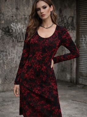 Anthro HD in Paris Black Red Floral Velvet Dress Long Sleeve Dark Romance Small